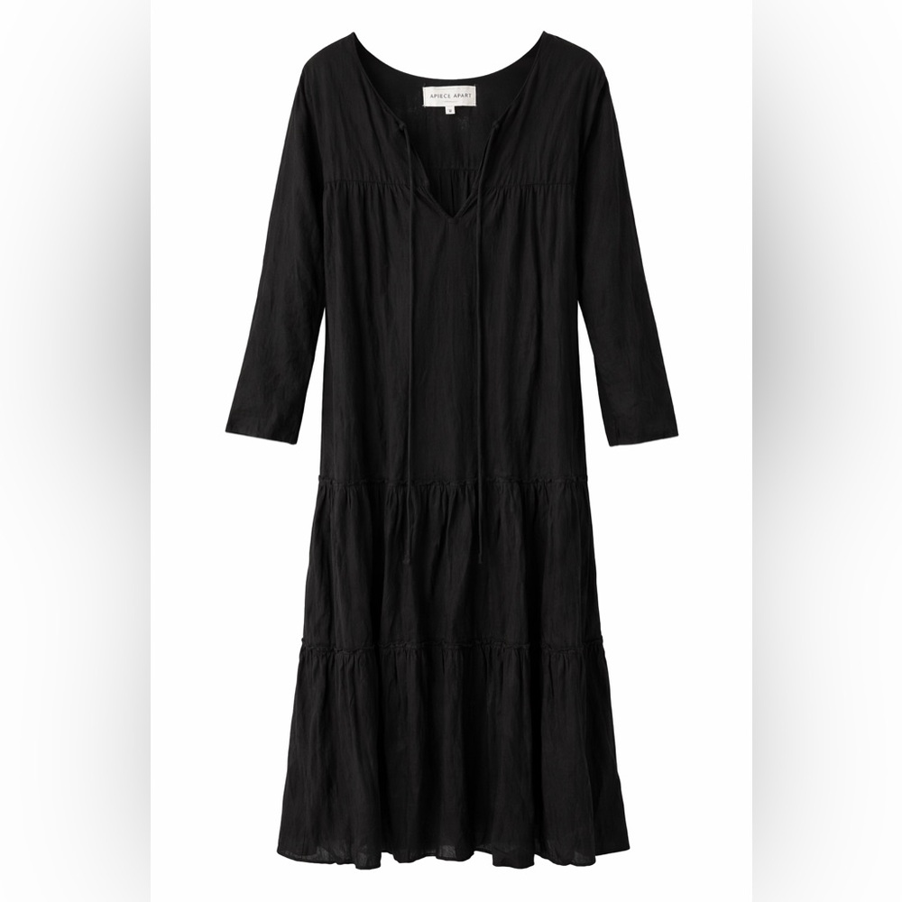 Apiece Apart New York Black Long Sleeve Tiered Midi Dress Size 6 100% cotton